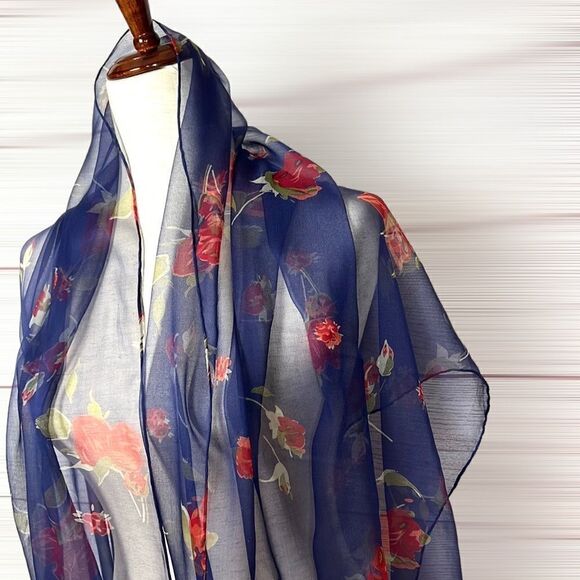 Silk Chiffon Blue with Floral Roses Print Lightweight scarf - Picture 8 of 13